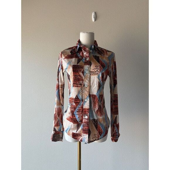 vintage 70s abstract print button front long sleeve - Picture 2 of 5